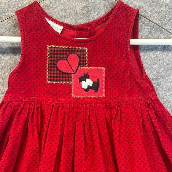 Vtg SAMARA Dress Girls 2T Red Heart Scottie Dog Polka Dot Corduroy Embroidery - Picture 2 of 15